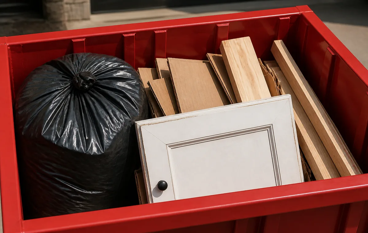 Illustration of a bag, cardboard, wood and a cabinet door inside a red bin.