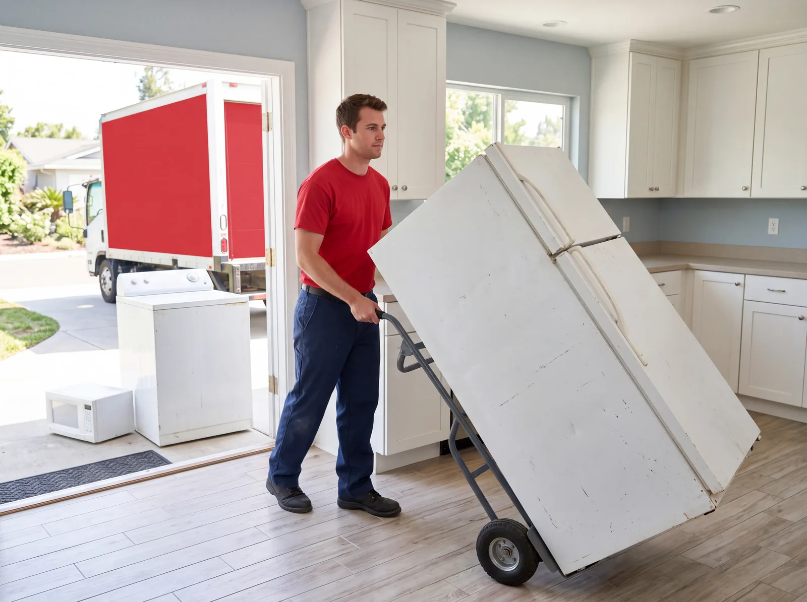 Illustrative image of a person moving a refrigerator on a dolly through a kitchen.