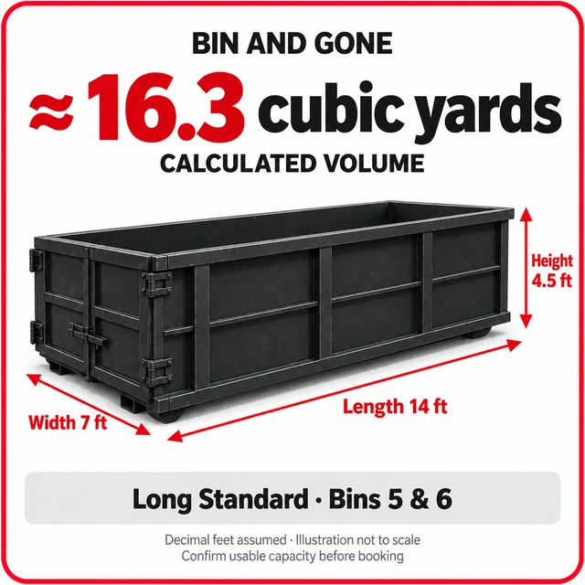 Illustrated long standard bin. Approximate calculated volume: 16.3 cubic yards.