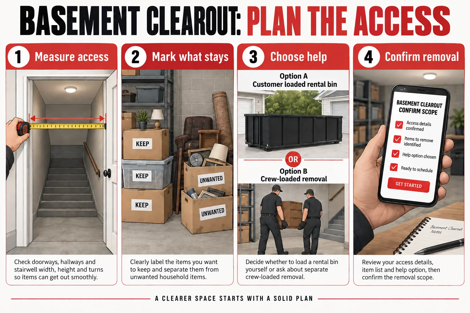 Illustrated basement planning sequence: measure access, mark what stays, choose help and confirm removal.