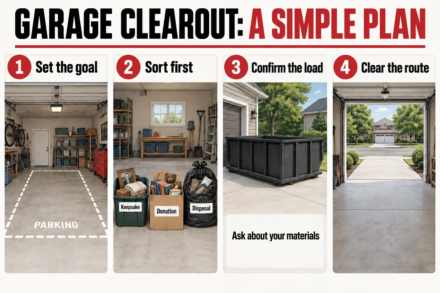 Illustrated garage planning sequence: set the goal, sort first, confirm the load and clear the route.