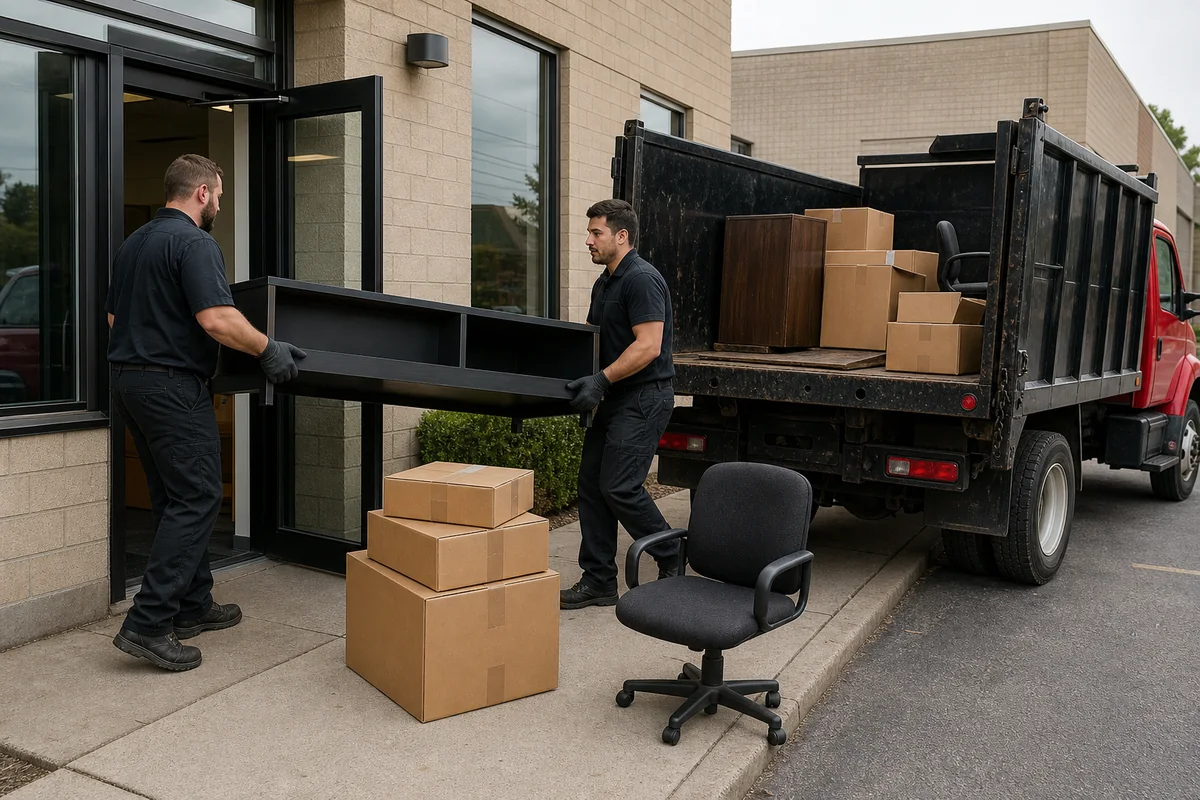 Illustration of two people carrying shelving outside a commercial building.