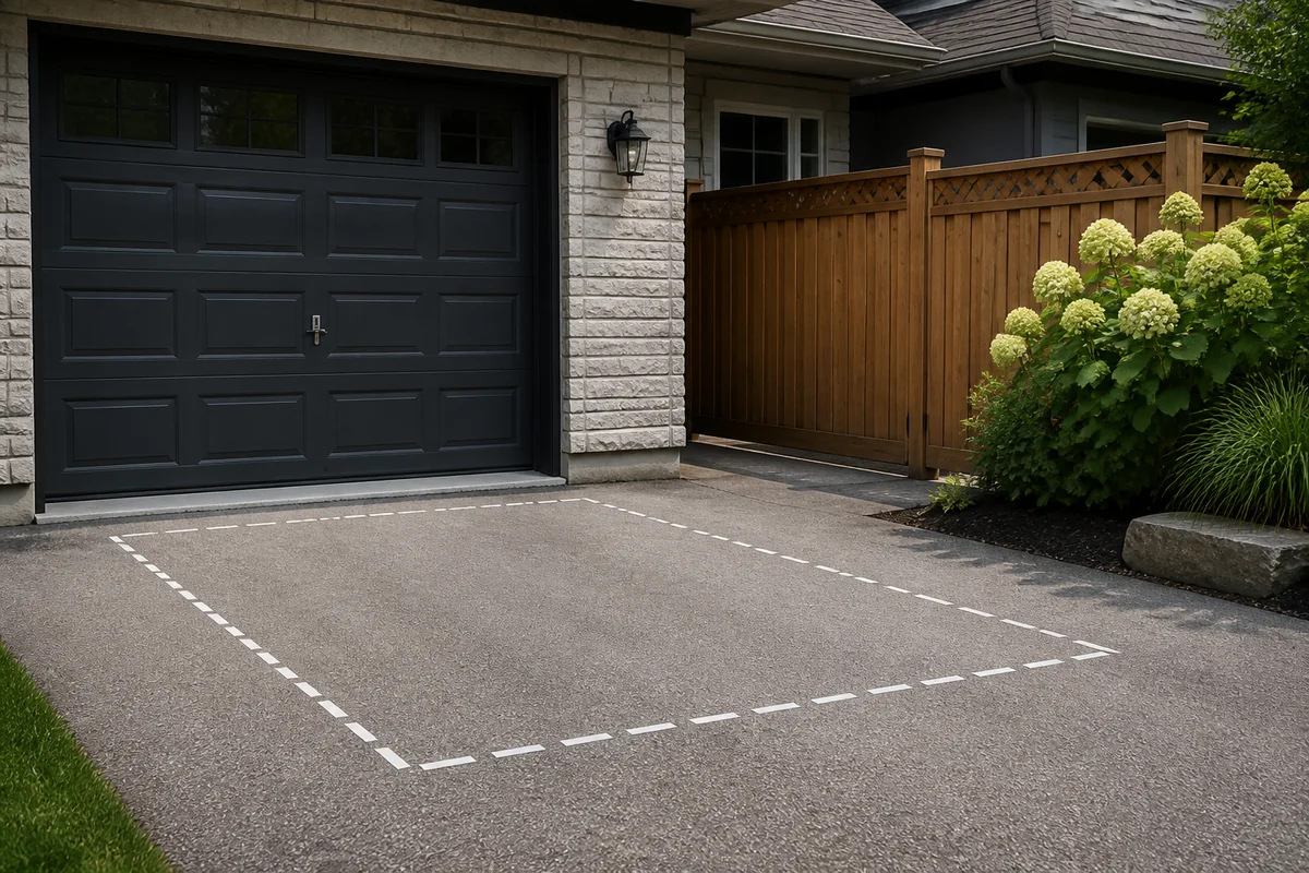 Illustration of a private driveway with a dashed outline marking a possible bin position.