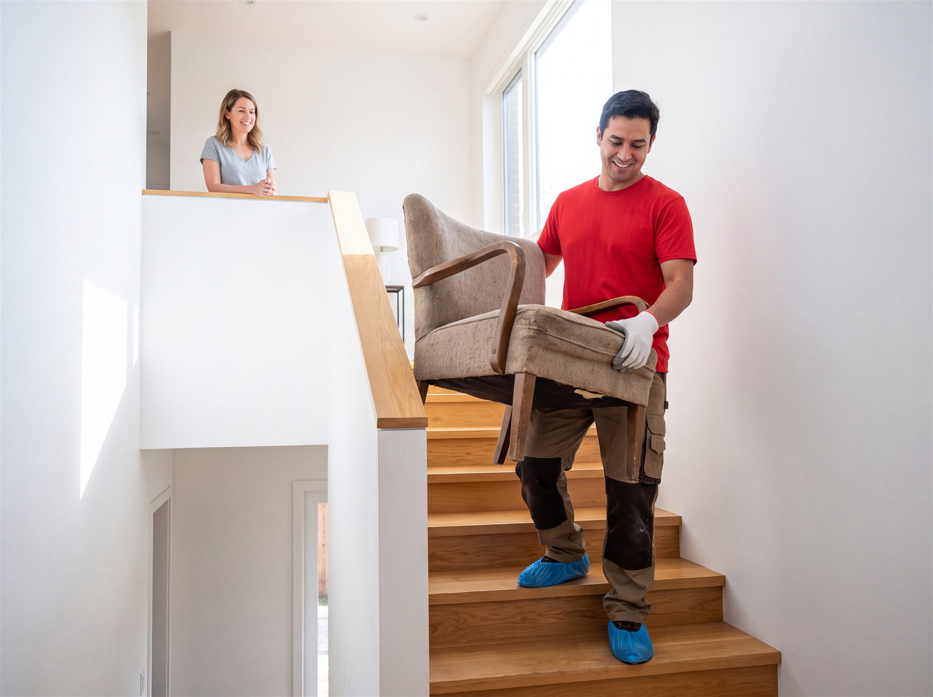 Illustrative image of a person carrying an armchair down indoor stairs.