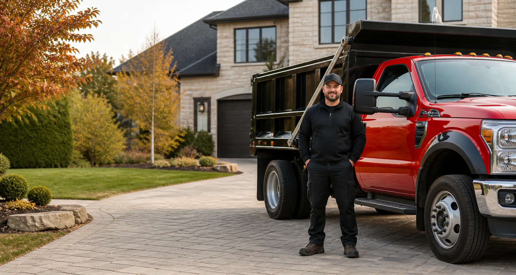 Illustration of a person beside a red removal truck on a residential driveway.