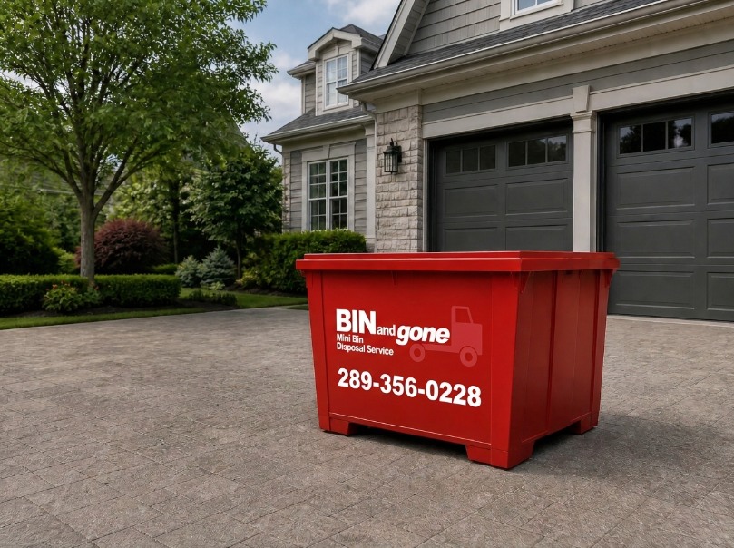 Branded red 14-yard mini-bin positioned on a driveway