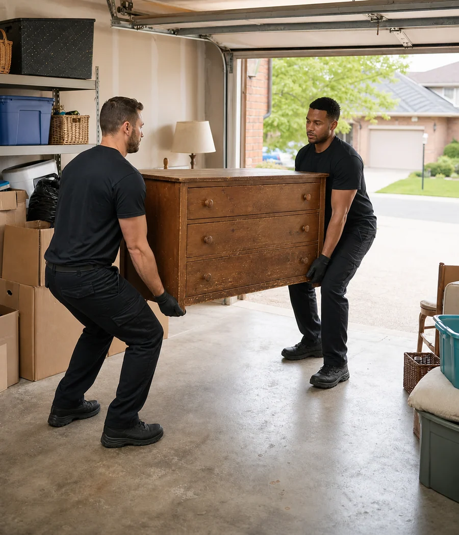 Illustration of two people carrying a wooden dresser through a garage.