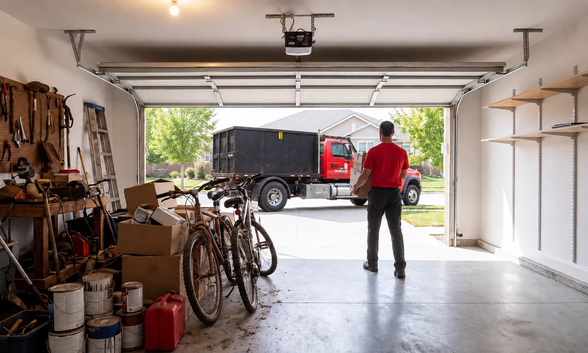 Illustration of a person carrying a box through an open garage toward a red truck and black bin.