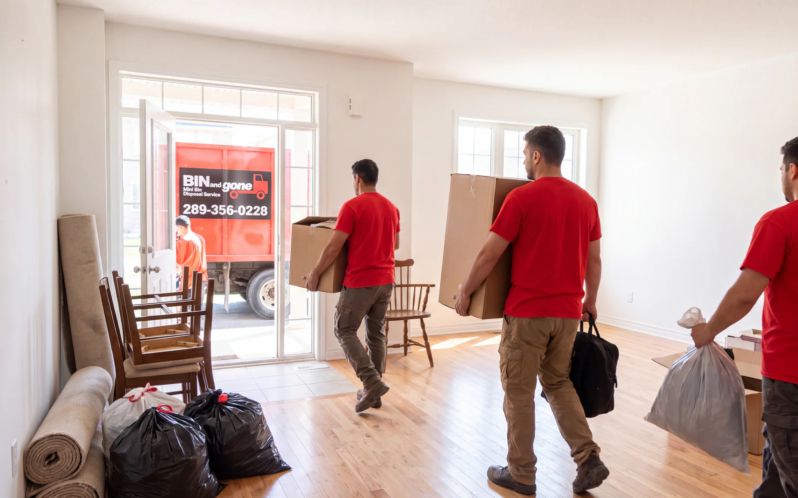 Illustration of people carrying boxes and bags from a home toward a removal truck.